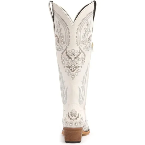 ⚡Women's White Embroidered Rhinestones Knee High Cowgirl Boots Chunky Heel